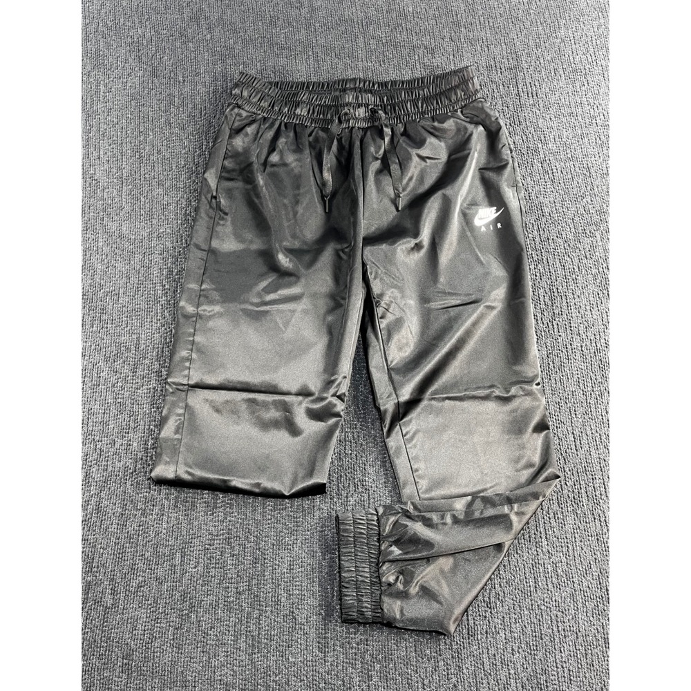 Nike Air Womens Black Satin High Waisted Jogger Track Pants Sz L Y2K Sporty Chic